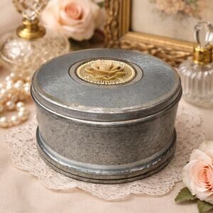 Vintage 60s Powder Dish Trinket Music Box Floral Lid Metal Vanity MCM